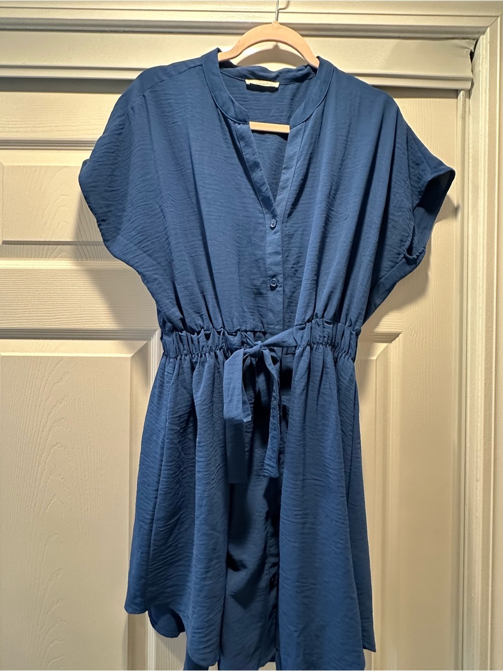 Timing Blue Short-Sleeve Tie-Waist Mini Dress